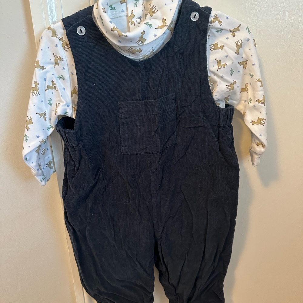Kids Navy Blue Corduroy Overalls with 2 Long Sleeve Onesies